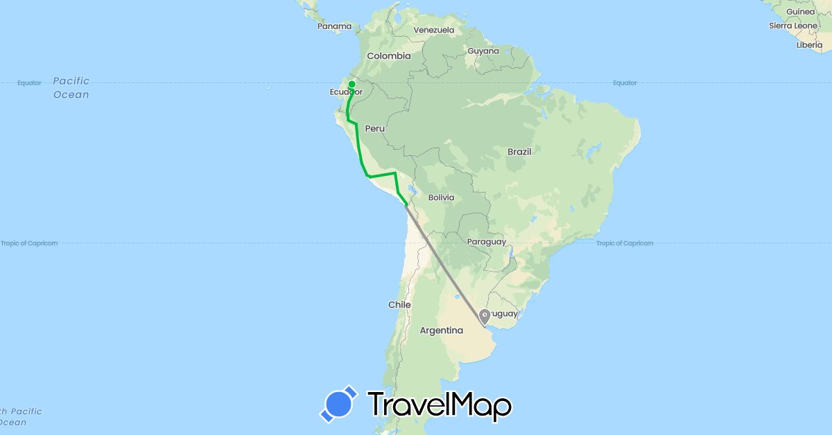 TravelMap itinerary: driving, bus, plane, hiking in Argentina, Chile, Ecuador, Peru (South America)